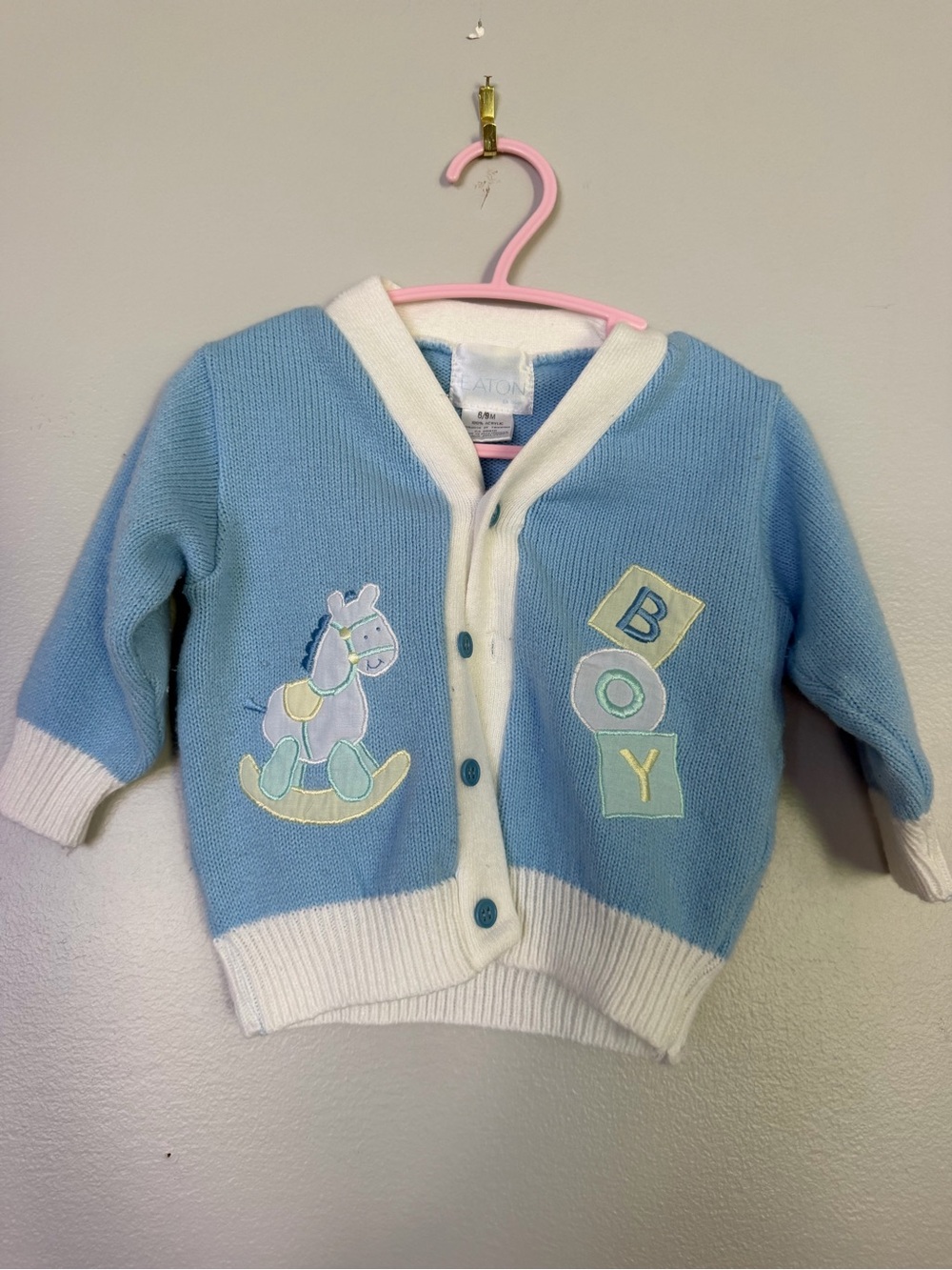 Vintage Blue Knit Baby Cardigan with Rocking Horse & BOY Appliques